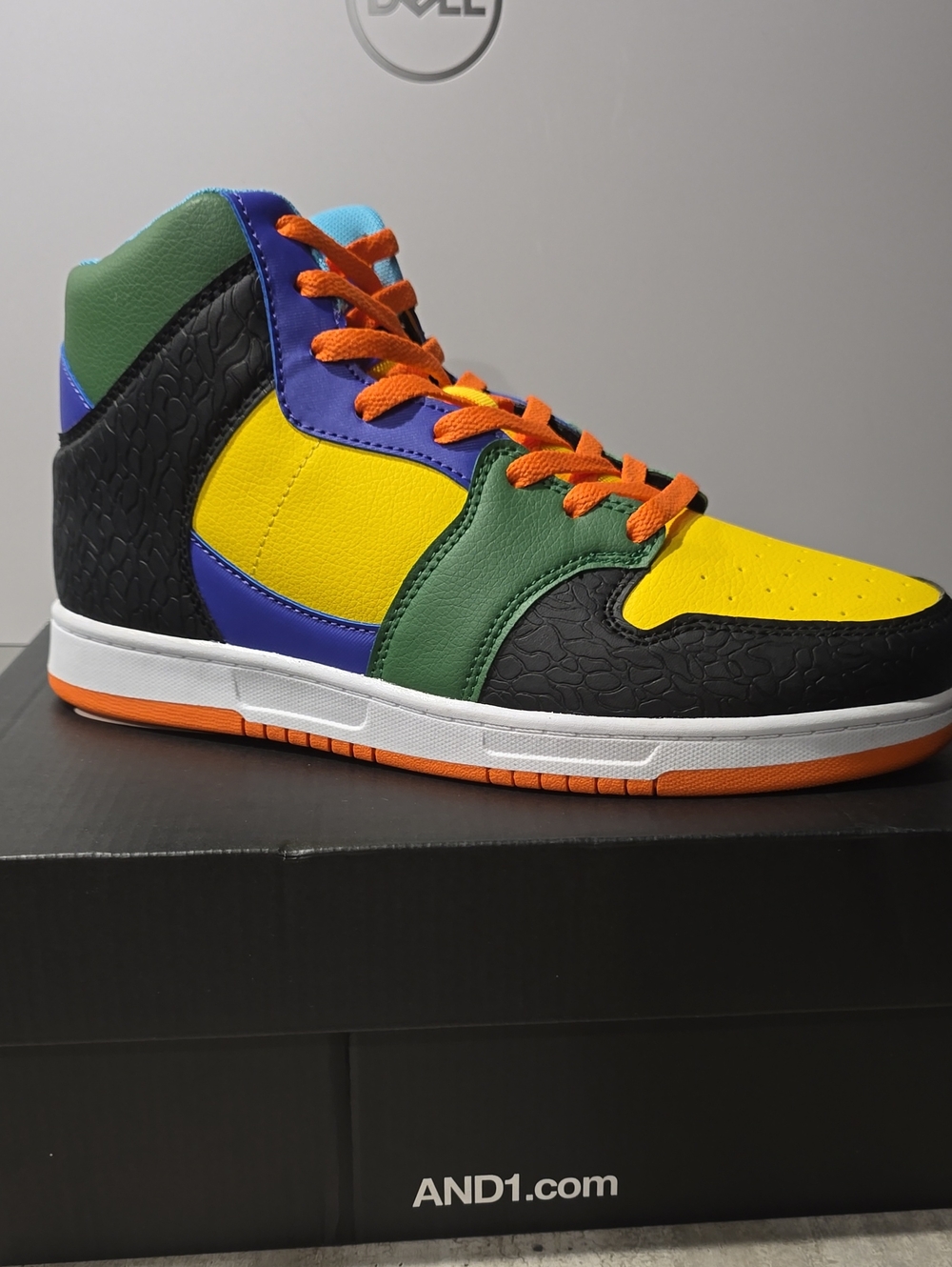 And1 High-Top Sneakers — Black, Yellow, Green, Blue with Orange Laces